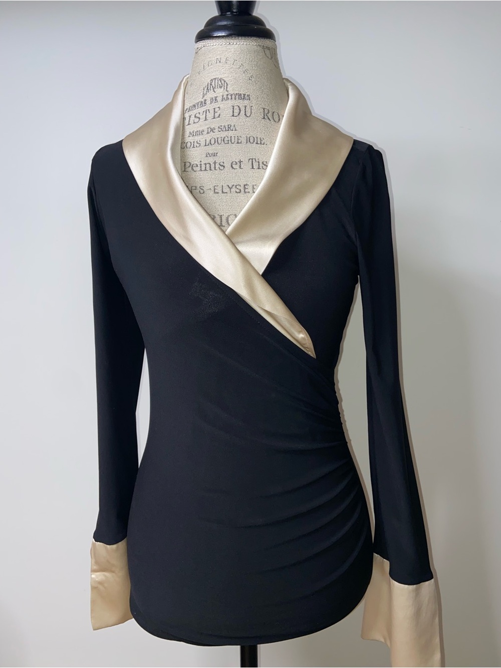 White House Black Market Black Long-Sleeve Wrap Top with Champagne Trim